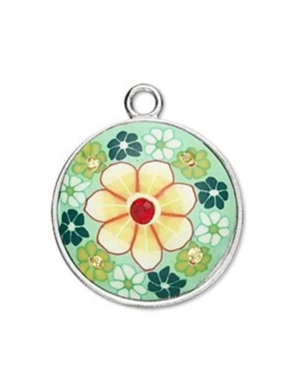 Handcrafted Fimo Poly Clay Green Yellow Daisy Flowers Czech Crystals Pendant